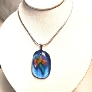 Sculptured flower pendant necklace, Unique fused glass OOAK handmade jewelry